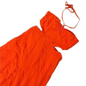 Forever 21 Women's Small Orange Crepe Cut Halter Neck Wide Leg Flare Jumpsuit